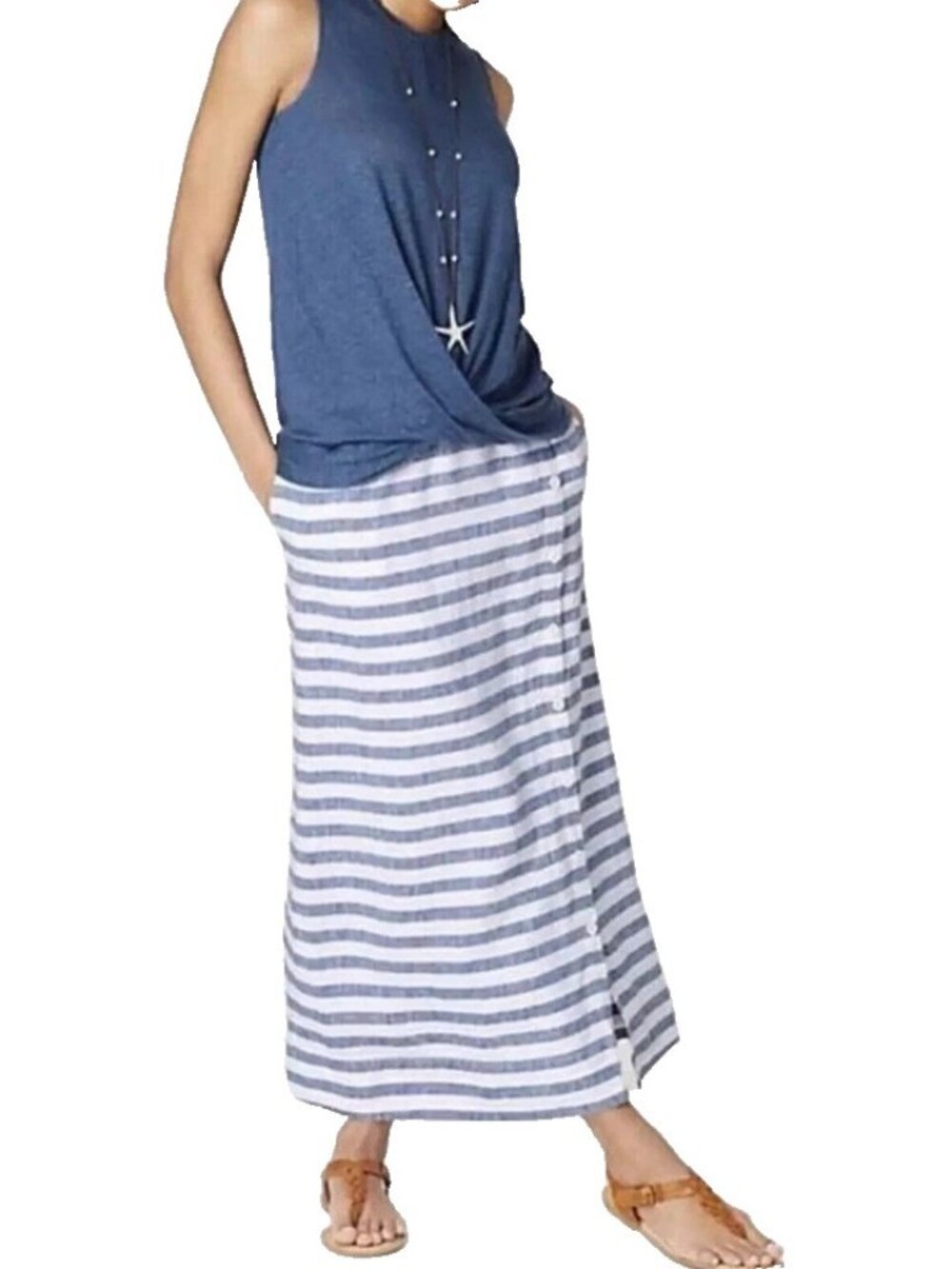 J Jill Love Linen Maxi Skirt Womens 3X Seaside Blue White Stripe Side Button